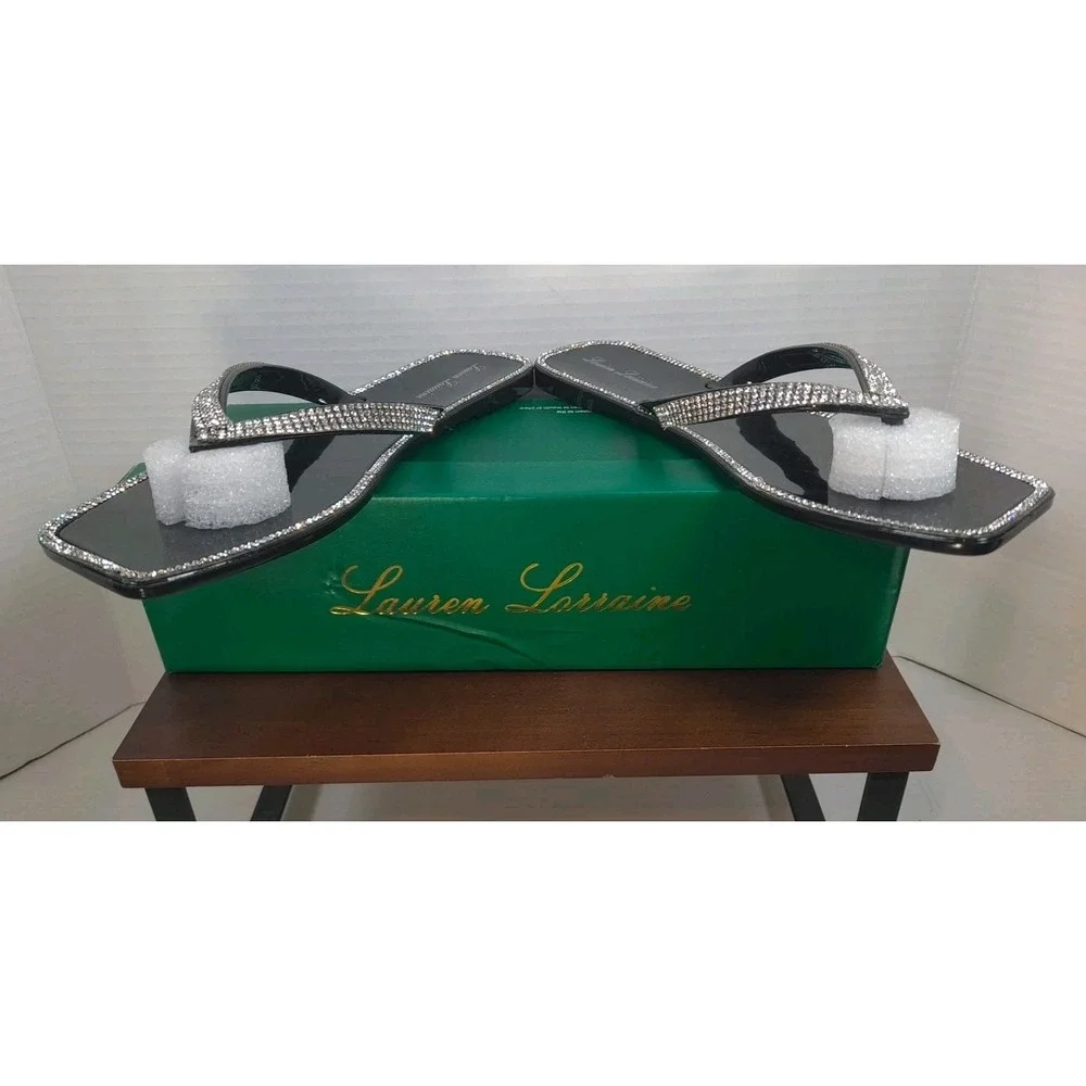 NIB Lauren‎ Lorraine Tampa Flip Flops Black Size 7 Rhinestone Dressy Sandals